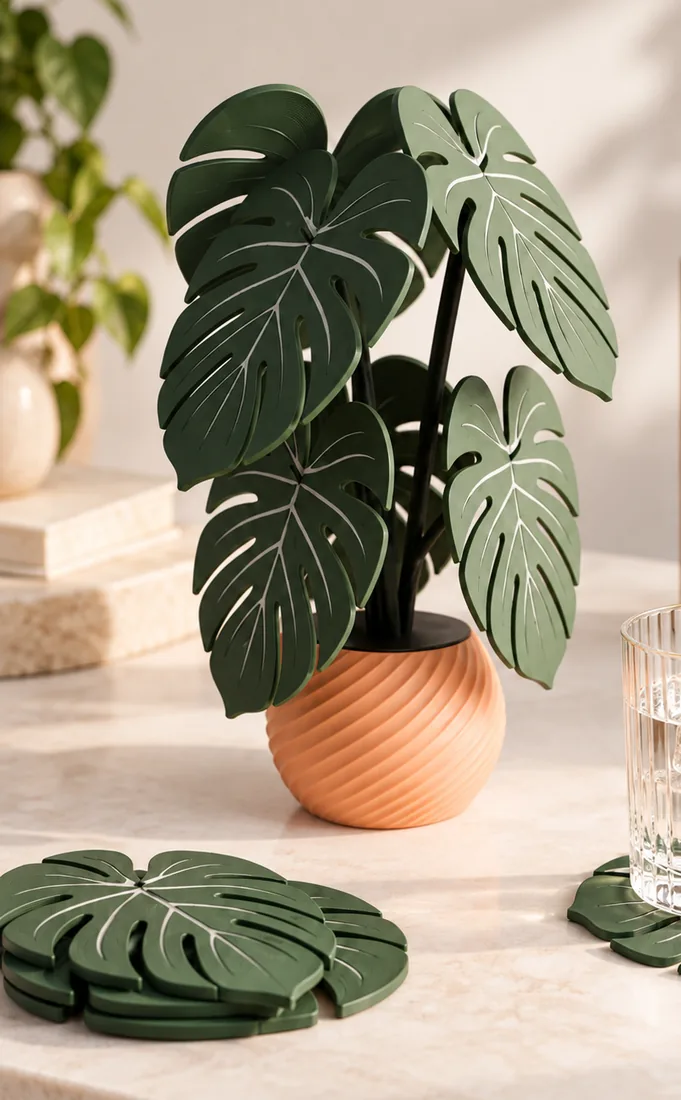 Planta monstera impresa en 3D en una maceta naranja