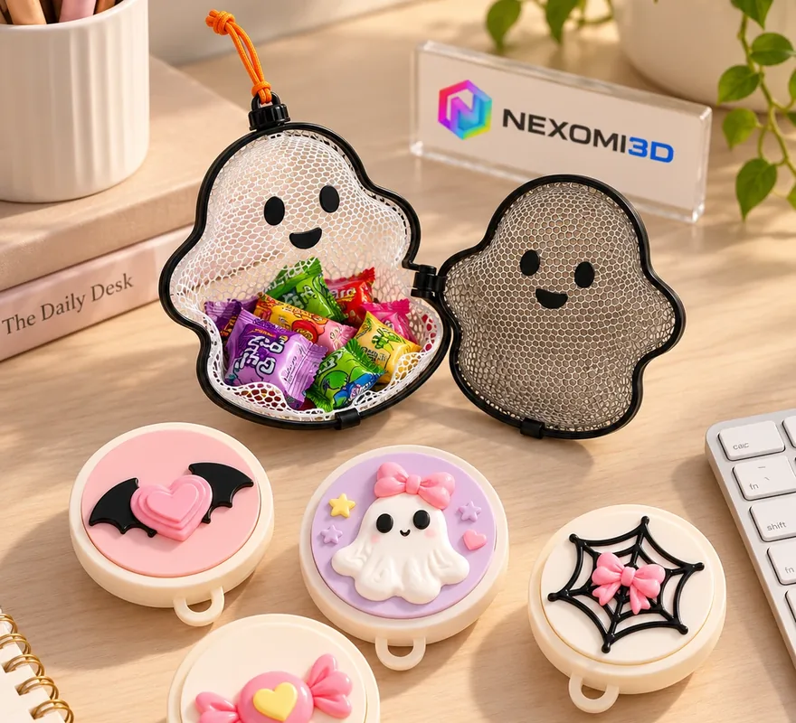 Bolsita fantasma con dulces y cuatro clickers de Halloween sobre un escritorio