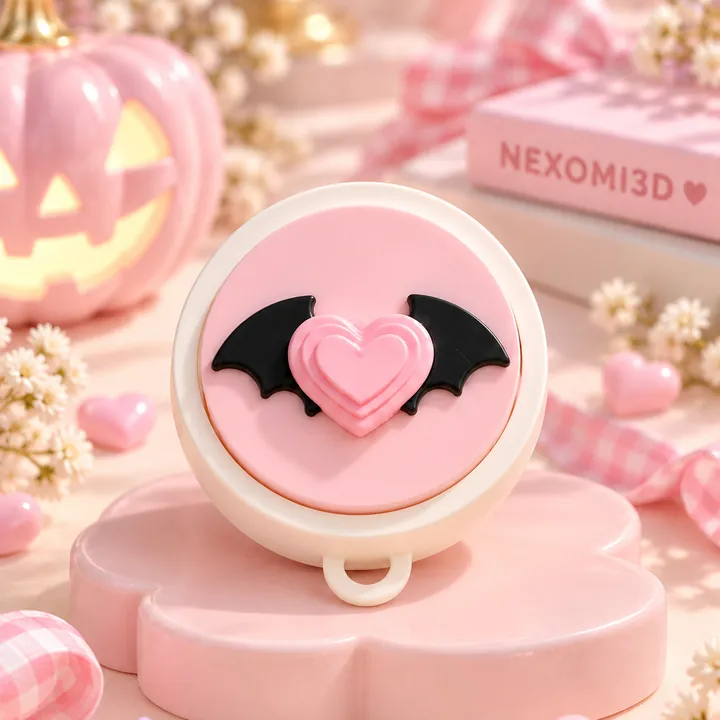 Clicker redondo rosa con un corazón con alas de murciélago