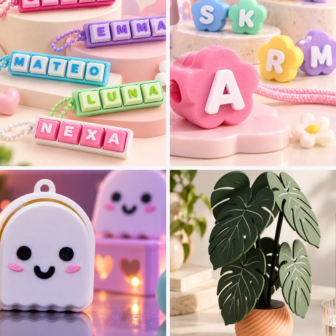 Piezas impresas en 3D: llaveros con nombre, charms en forma de flor, fantasmitas de Halloween y una planta decorativa con maceta