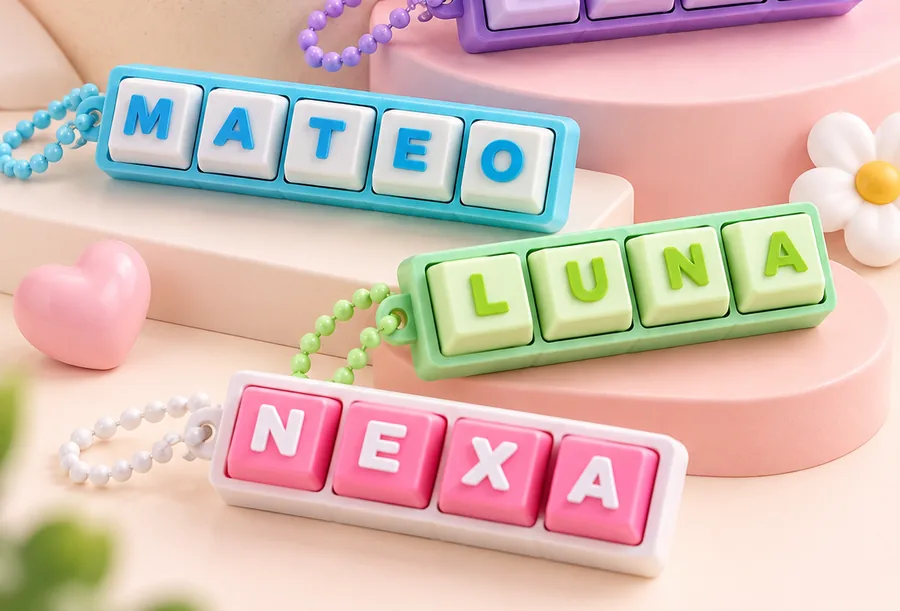 Llaveros con nombre en letras tipo tecla, en colores pastel