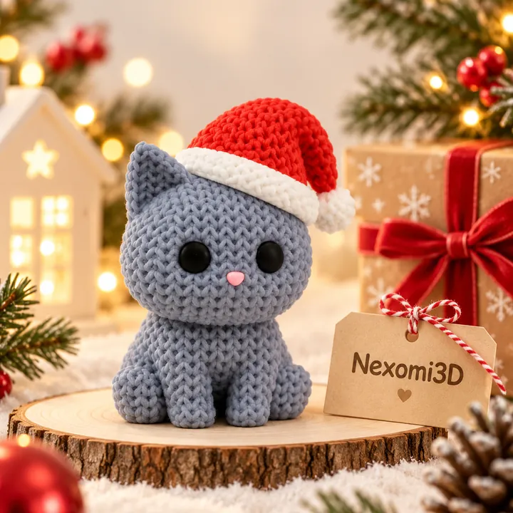 Gatito gris con gorro de Navidad