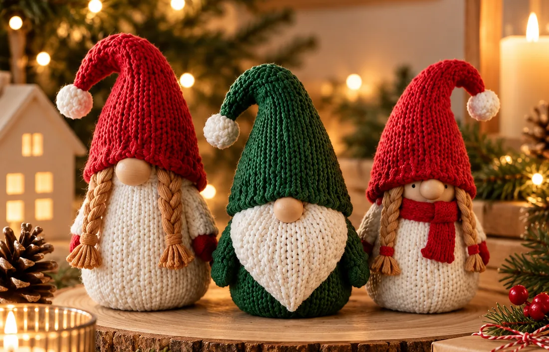 Tres gnomos navideños con gorros rojo y verde