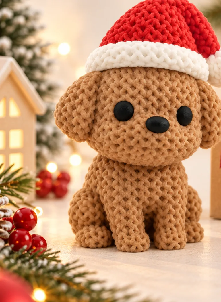 Perrito café con gorro de Navidad