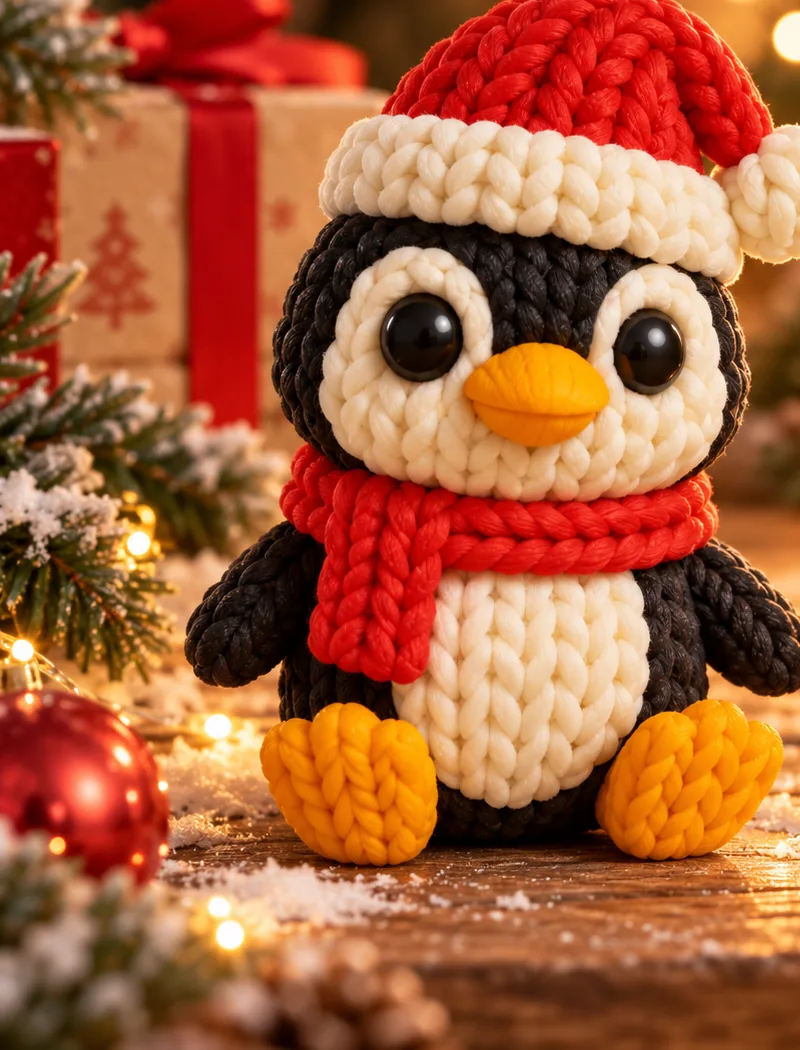 Pingüino con gorro y bufanda rojos